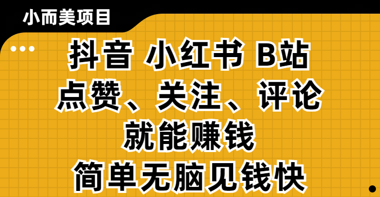 小而美的项目，抖音、小红书、B站视频点赞、关注、评论就能赚钱，简单无脑立见收益!妥妥的零撸项目-摘星网